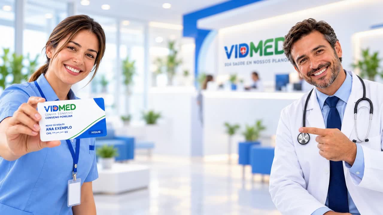 Profissionais de saúde apresentam um cartão ilustrativo da VidMed